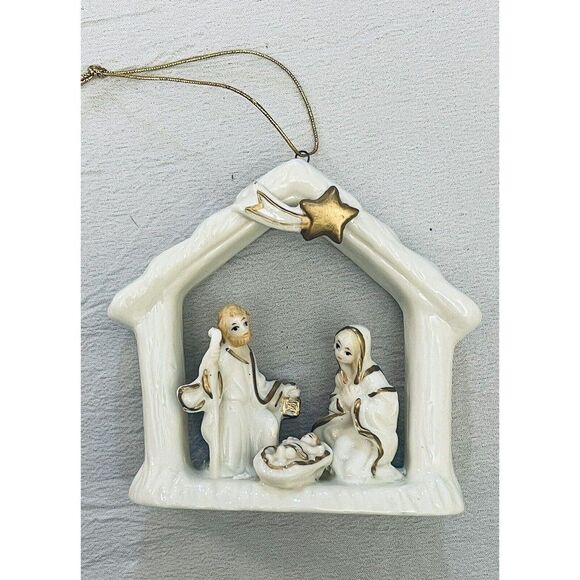 Porcelain Ivory & Gold Nativity Scene Christmas Ornament International Bazar VTG - Picture 1 of 8